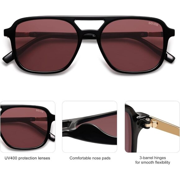 Sojos Women Mens Black Frame Trendy Rectangle Retro Aviator Shades Sunglasses - Picture 4 of 6